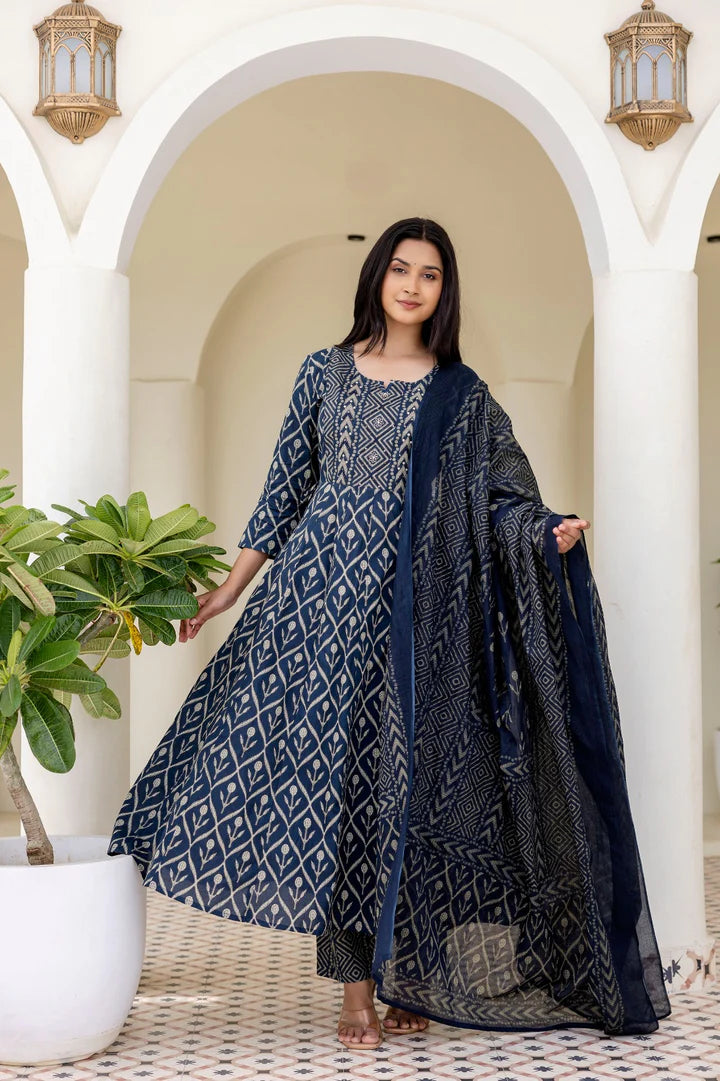 Ethnic Anarkali Suit Set with Hand-Block Print & Dupatta