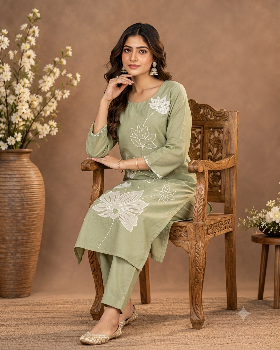 Elegant Floral Embroidered Kurta Pant Set