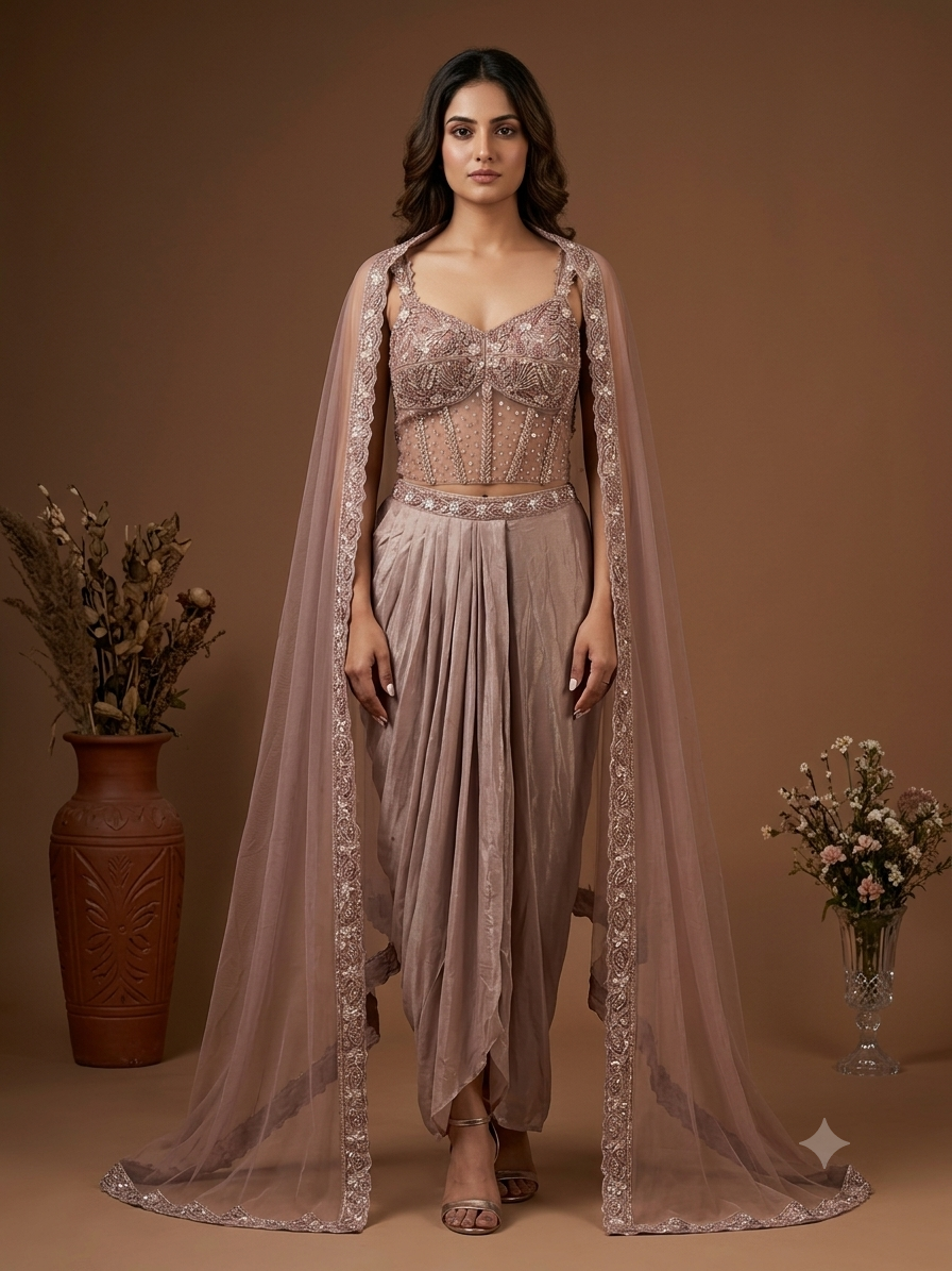 Blush Pink Draped Skirt & Embroidered Blouse Set