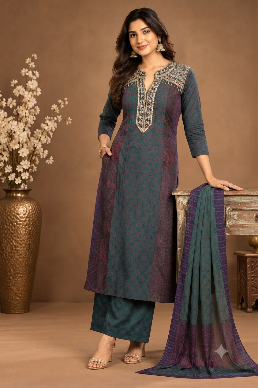 Teal Printed Kurta Palazzo Set with Dupatta