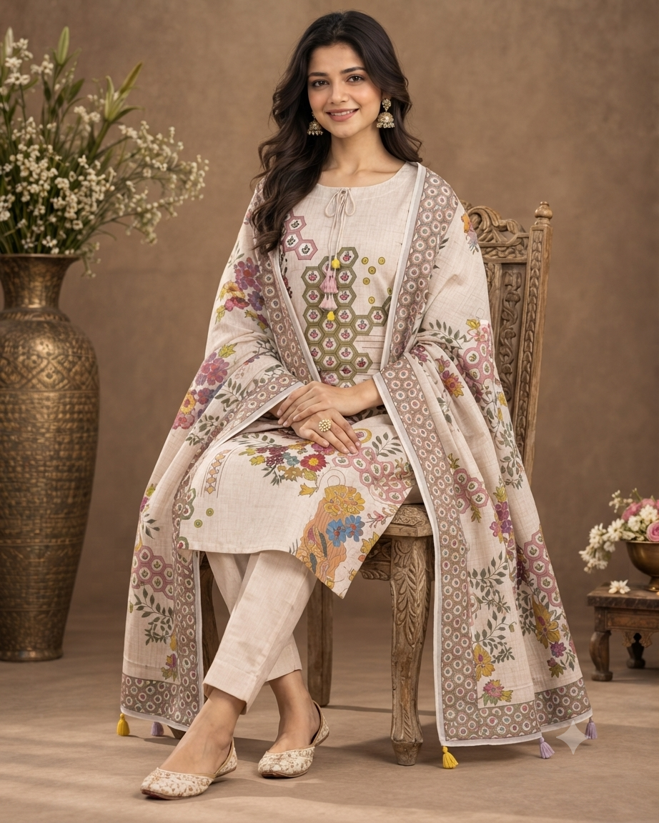Elegant Floral Printed Kurta Pant Set with Dupatta
