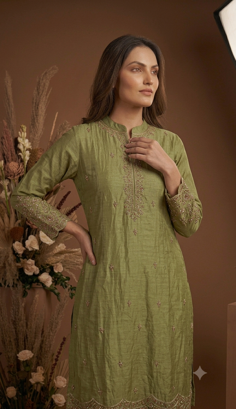 Women's Olive Green Embroidered Kurta Pant Set with Dupatta