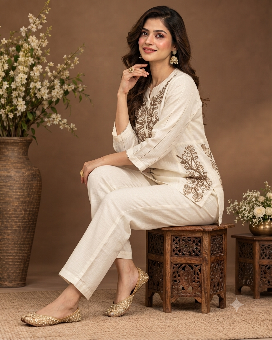 Ivory Embroidered Kurta and Pant Set