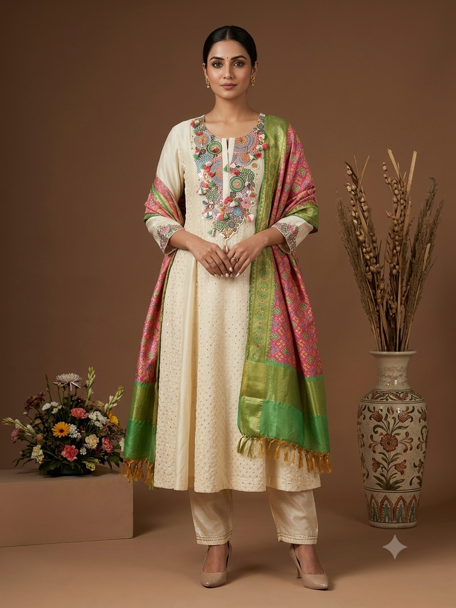 Ivory Embroidered Kurta Pant Dupatta Set