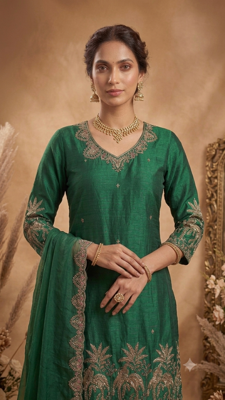 Women's Emerald Green Embroidered Kurta Palazzo Set with Dupatta