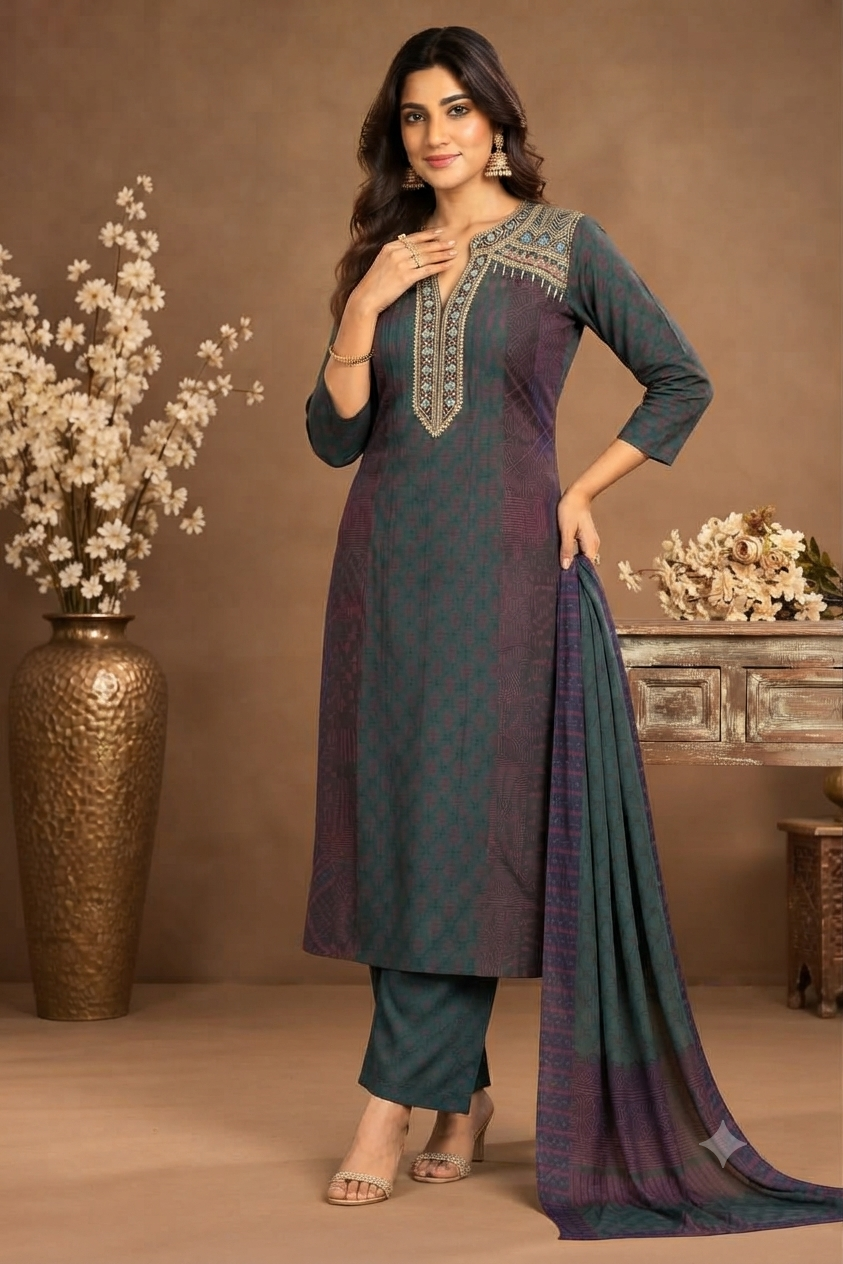 Teal Printed Kurta Palazzo Set with Dupatta