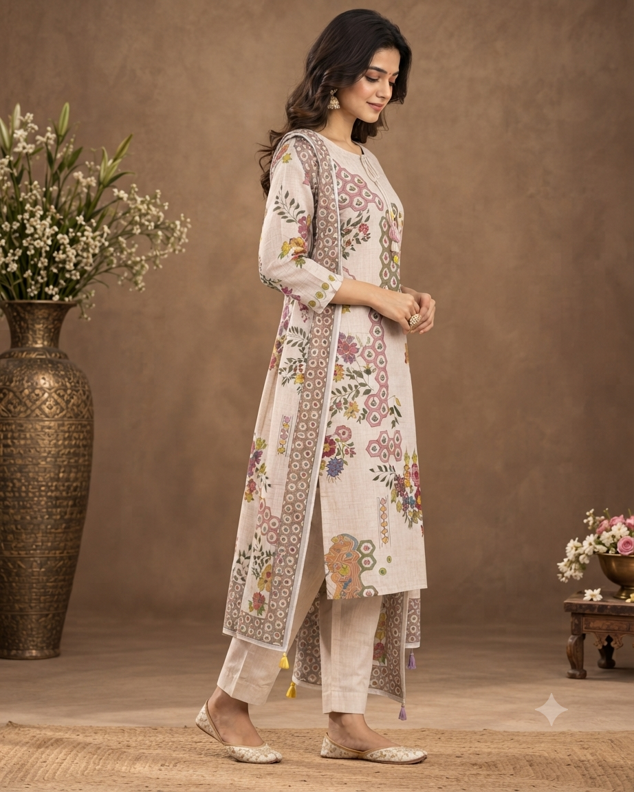 Elegant Floral Printed Kurta Pant Set with Dupatta