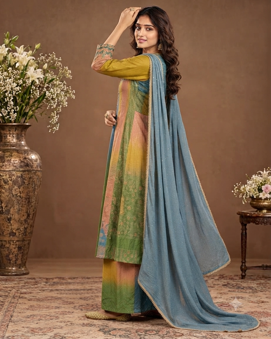 Elegant Blue & Green Designer Palazzo Suit Set
