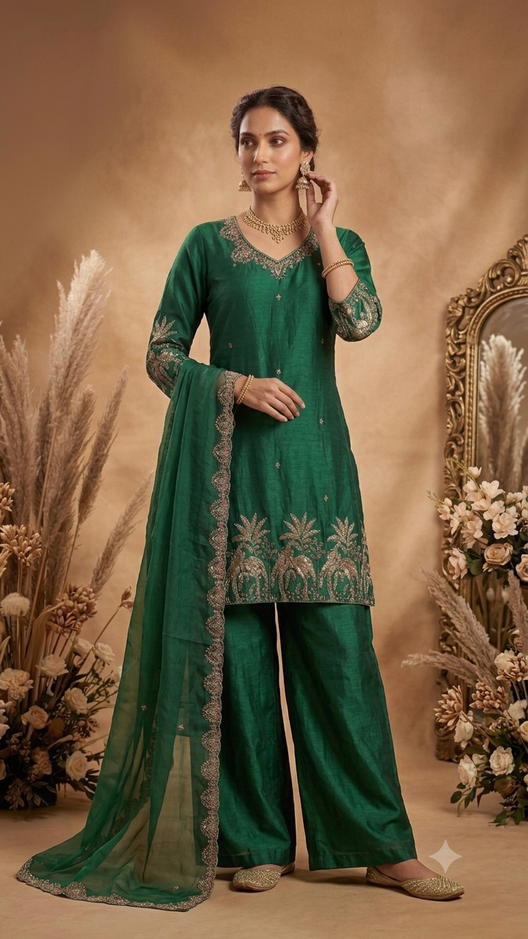 Women's Emerald Green Embroidered Kurta Palazzo Set with Dupatta