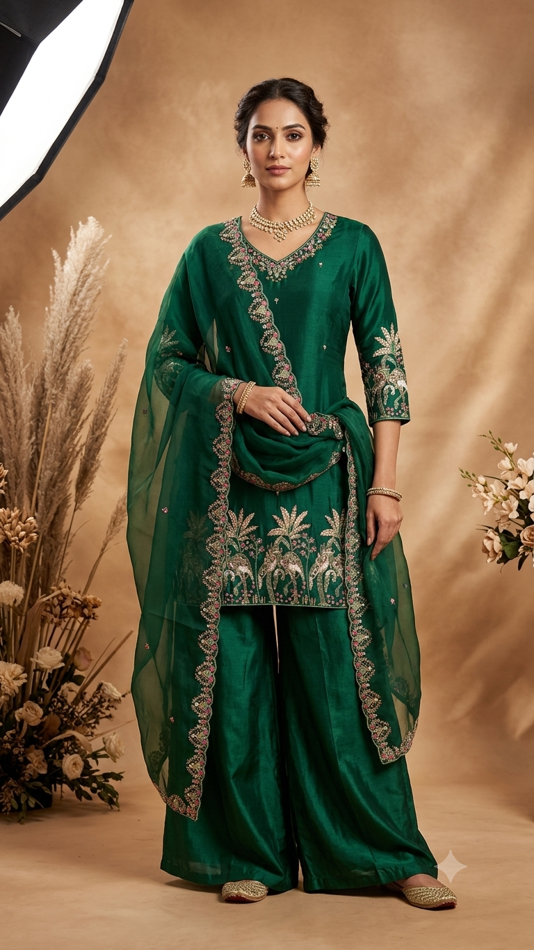 Women's Emerald Green Embroidered Kurta Palazzo Set with Dupatta