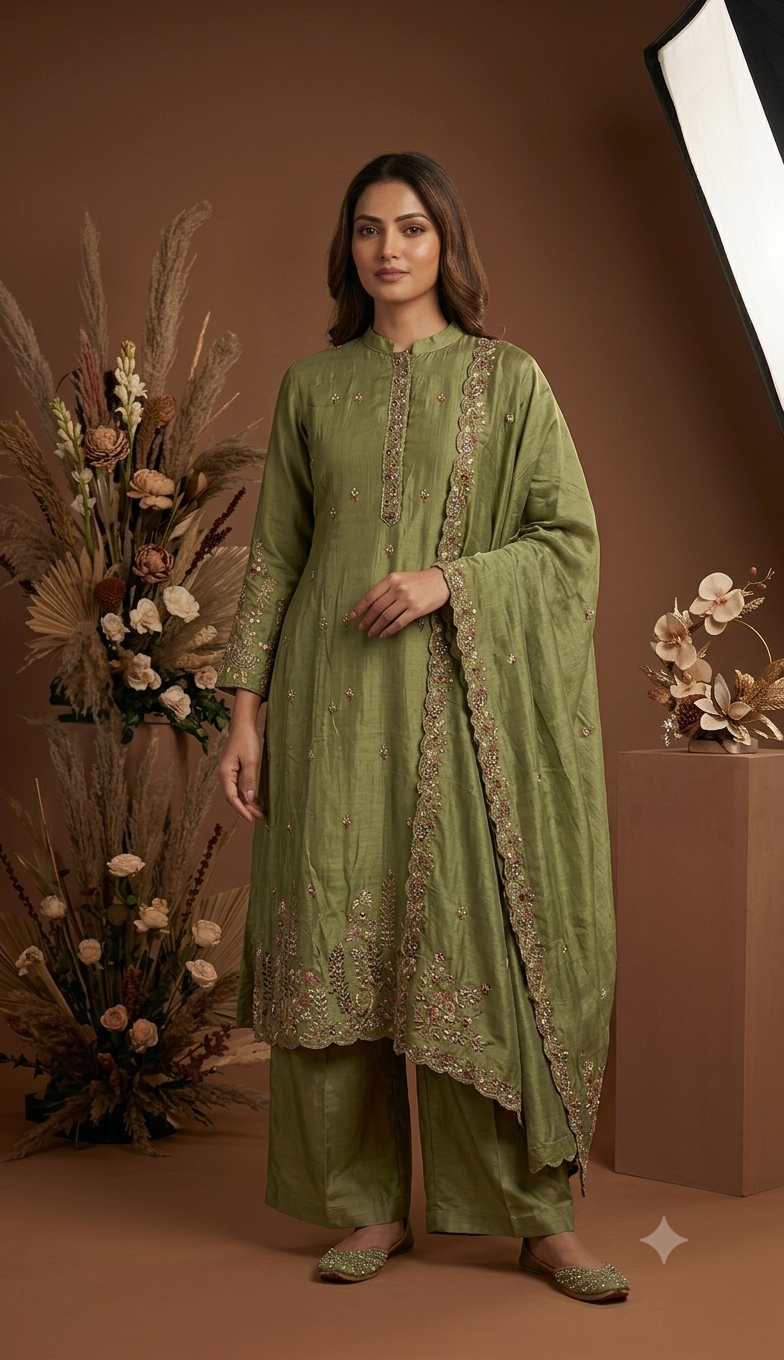 Women's Olive Green Embroidered Kurta Pant Set with Dupatta