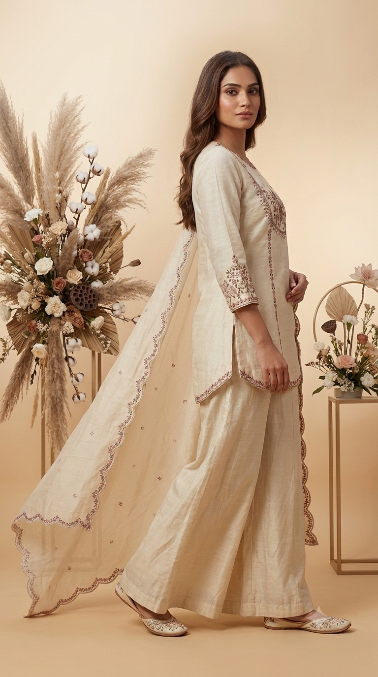 Women's Ivory Embroidered Kurta Palazzo Set with Dupatta