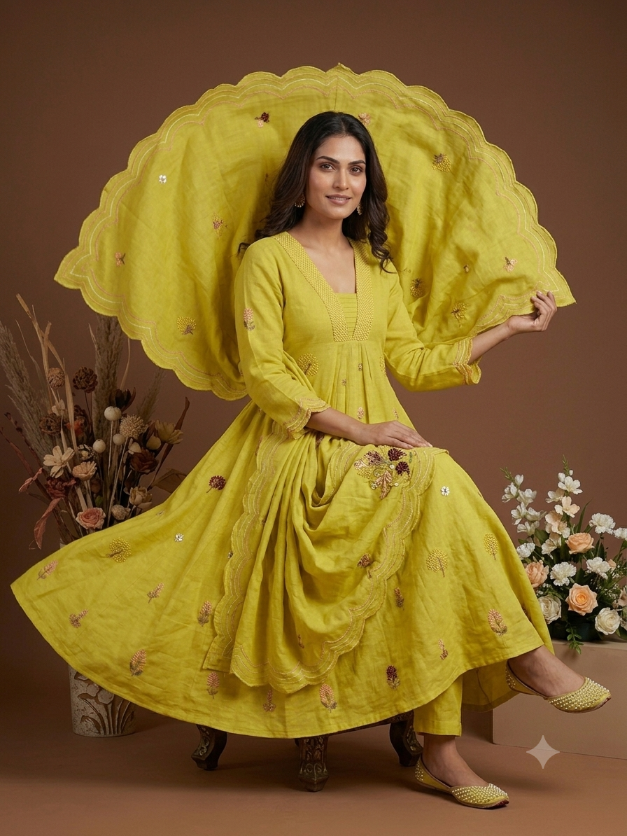 Mustard Yellow Embroidered Anarkali Set