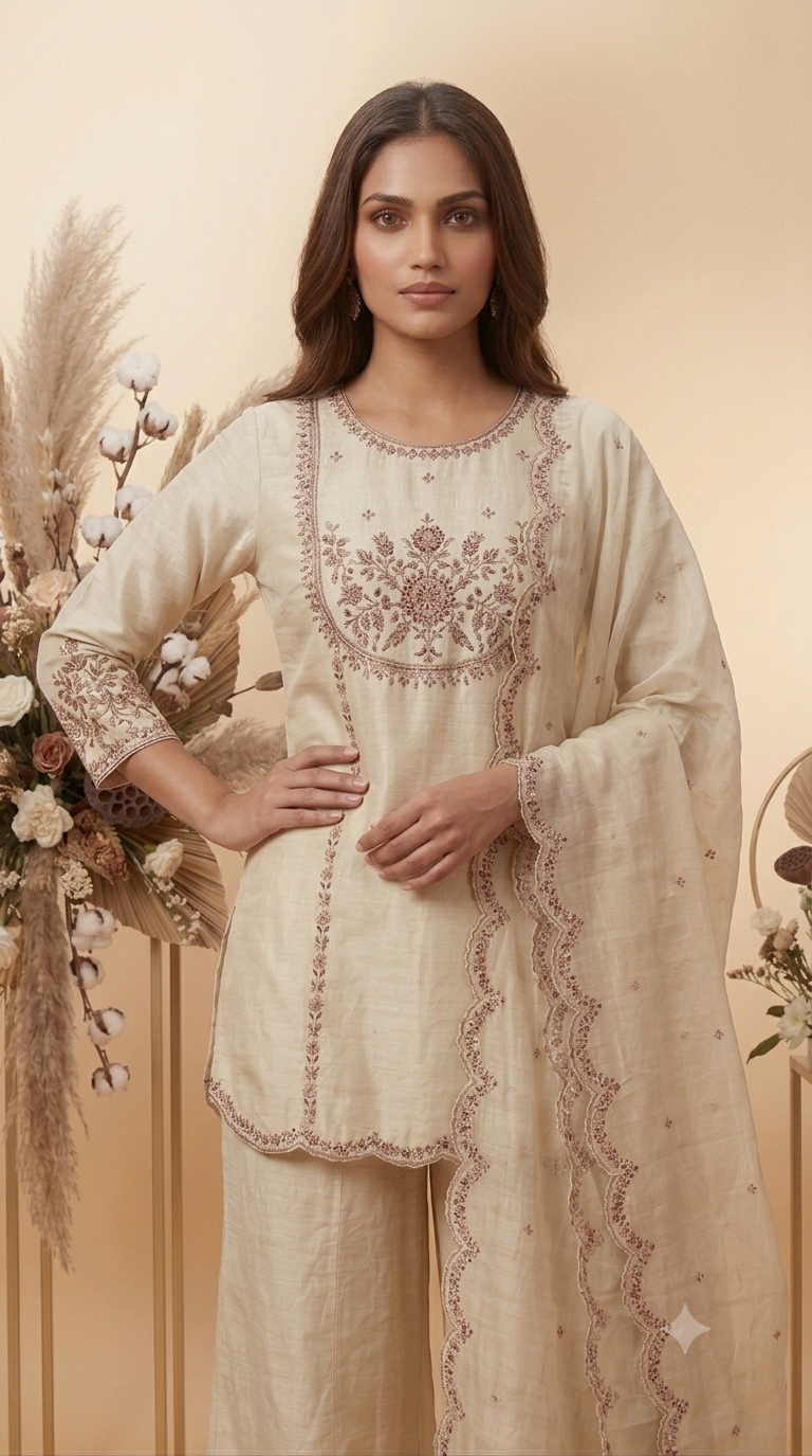 Women's Ivory Embroidered Kurta Palazzo Set with Dupatta