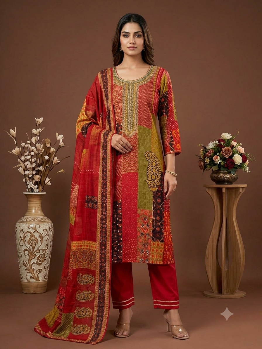 Red Printed Kurta Pant Dupatta Set