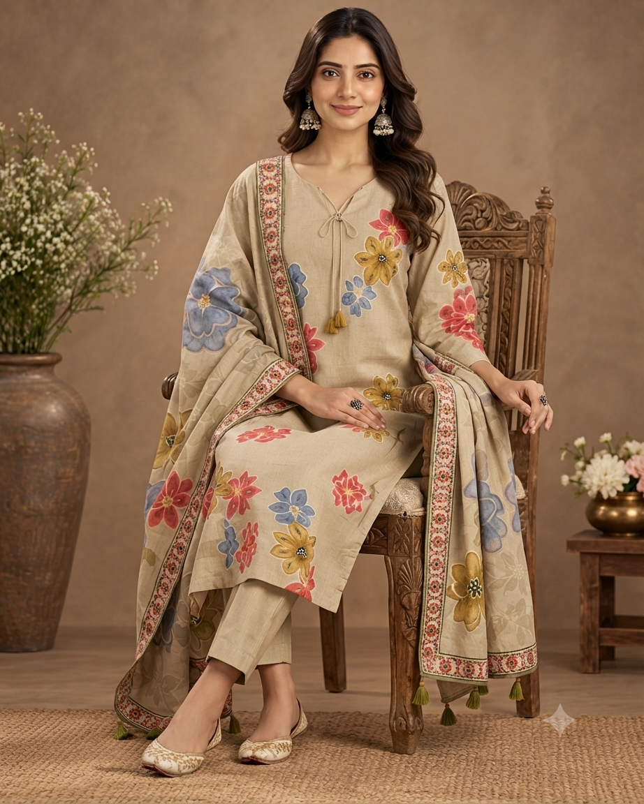 Elegant Floral Printed Kurta Pant Set with Dupatta