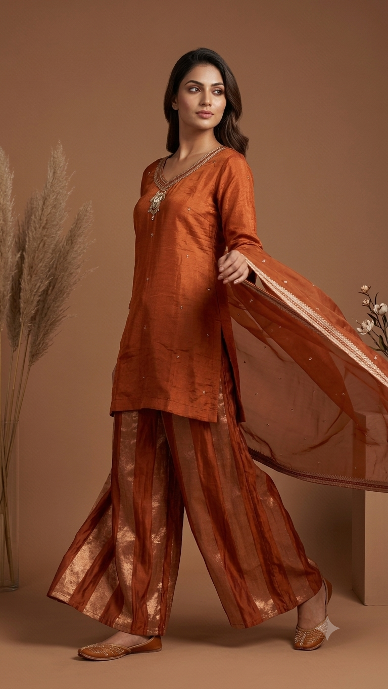 Women's Rust Embroidered Kurta Sharara Set with Dupatta
