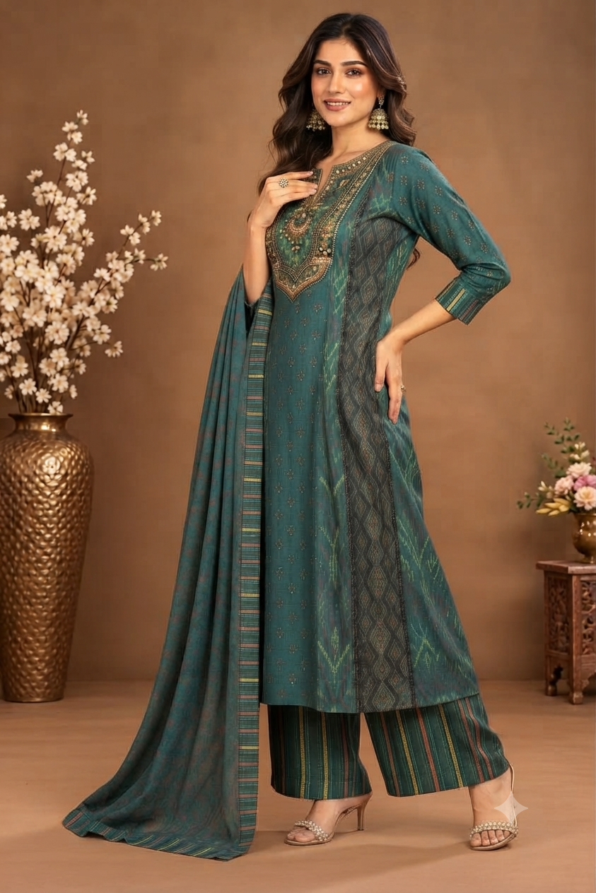 Elegant Teal Printed Palazzo Suit Set