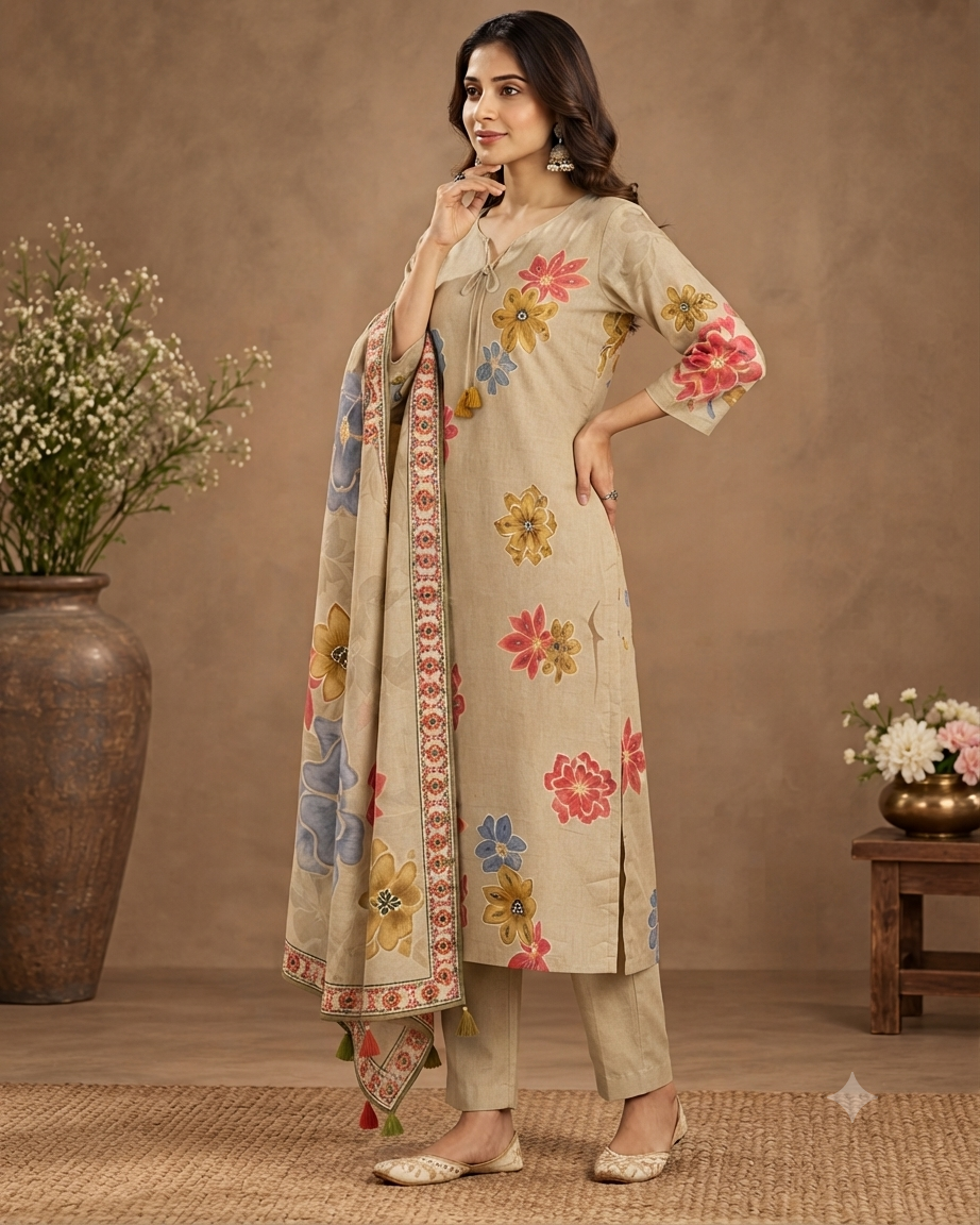 Elegant Floral Printed Kurta Pant Set with Dupatta