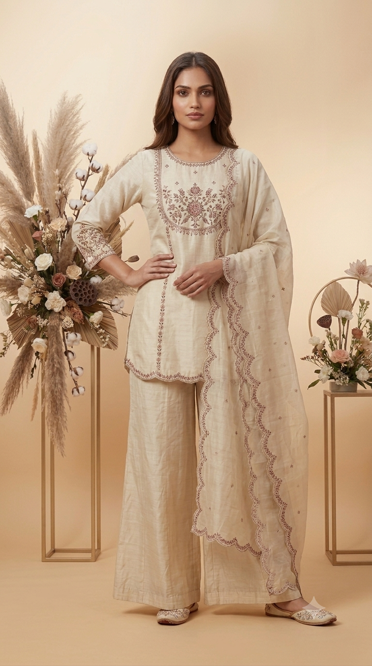Women's Ivory Embroidered Kurta Palazzo Set with Dupatta