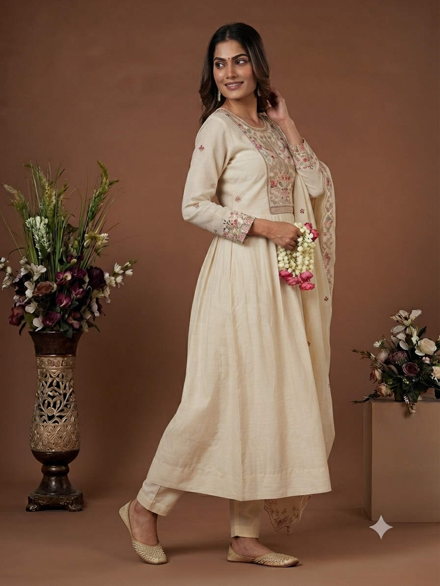 Ivory Floral Embroidered Anarkali Set