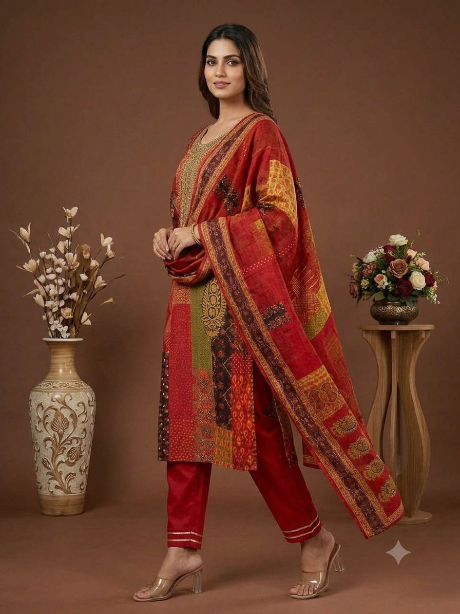 Red Printed Kurta Pant Dupatta Set