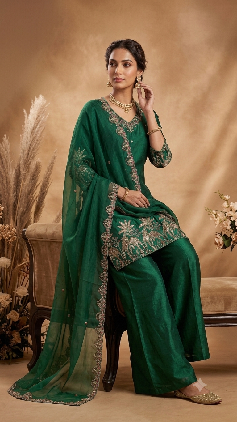 Women's Emerald Green Embroidered Kurta Palazzo Set with Dupatta