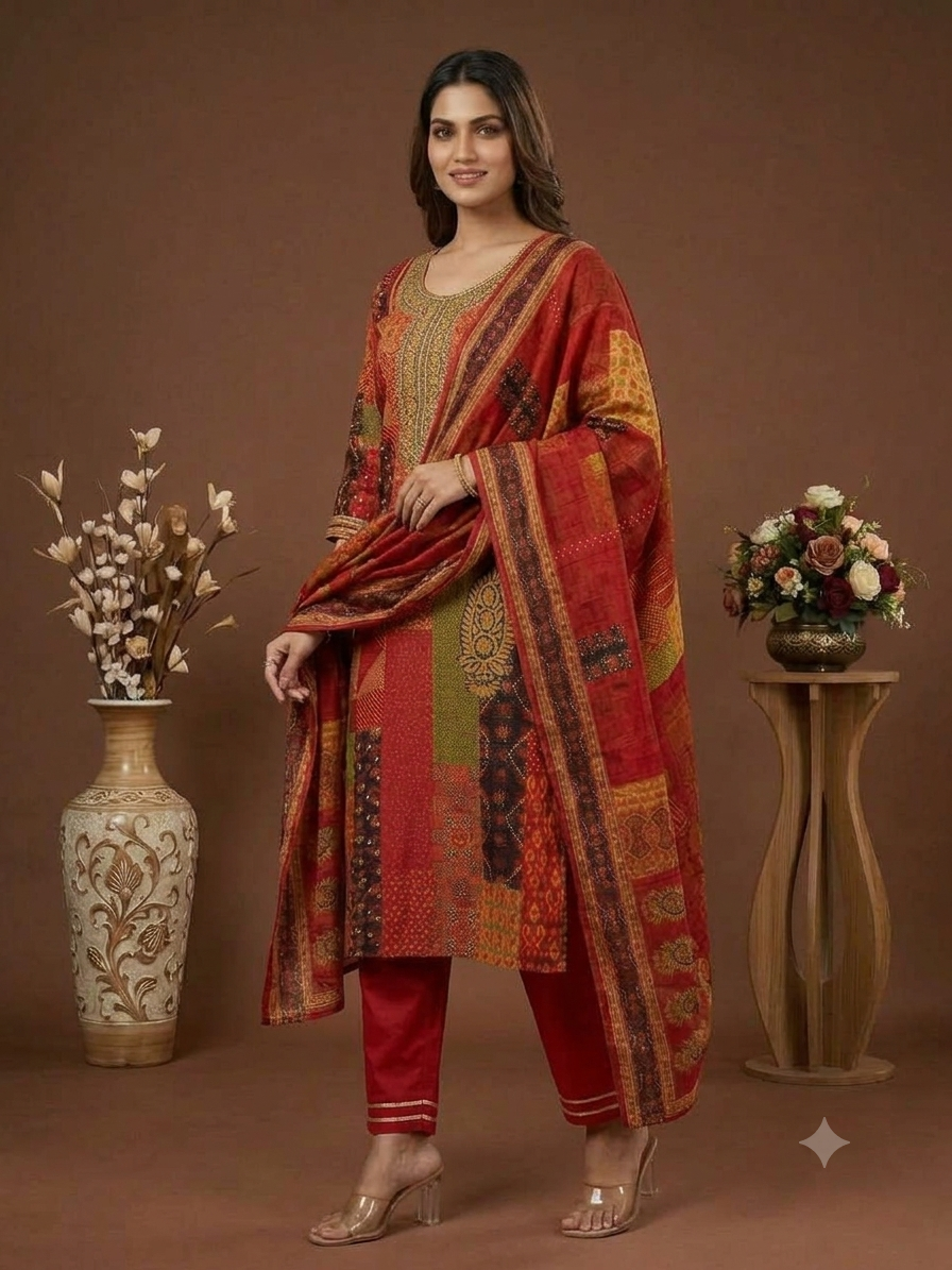 Red Printed Kurta Pant Dupatta Set