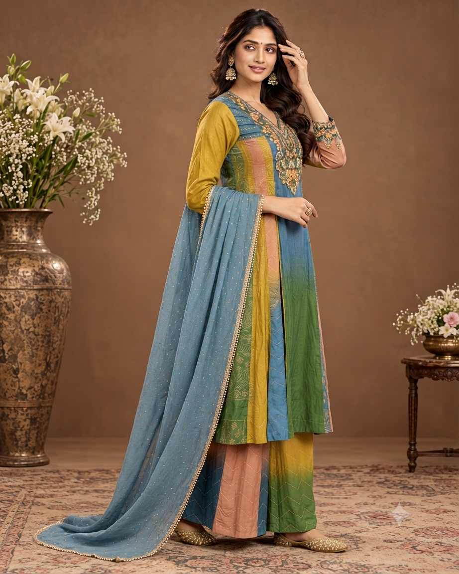 Elegant Blue & Green Designer Palazzo Suit Set