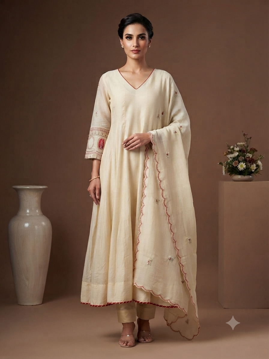 Ivory Embroidered Kurta Set with Dupatta