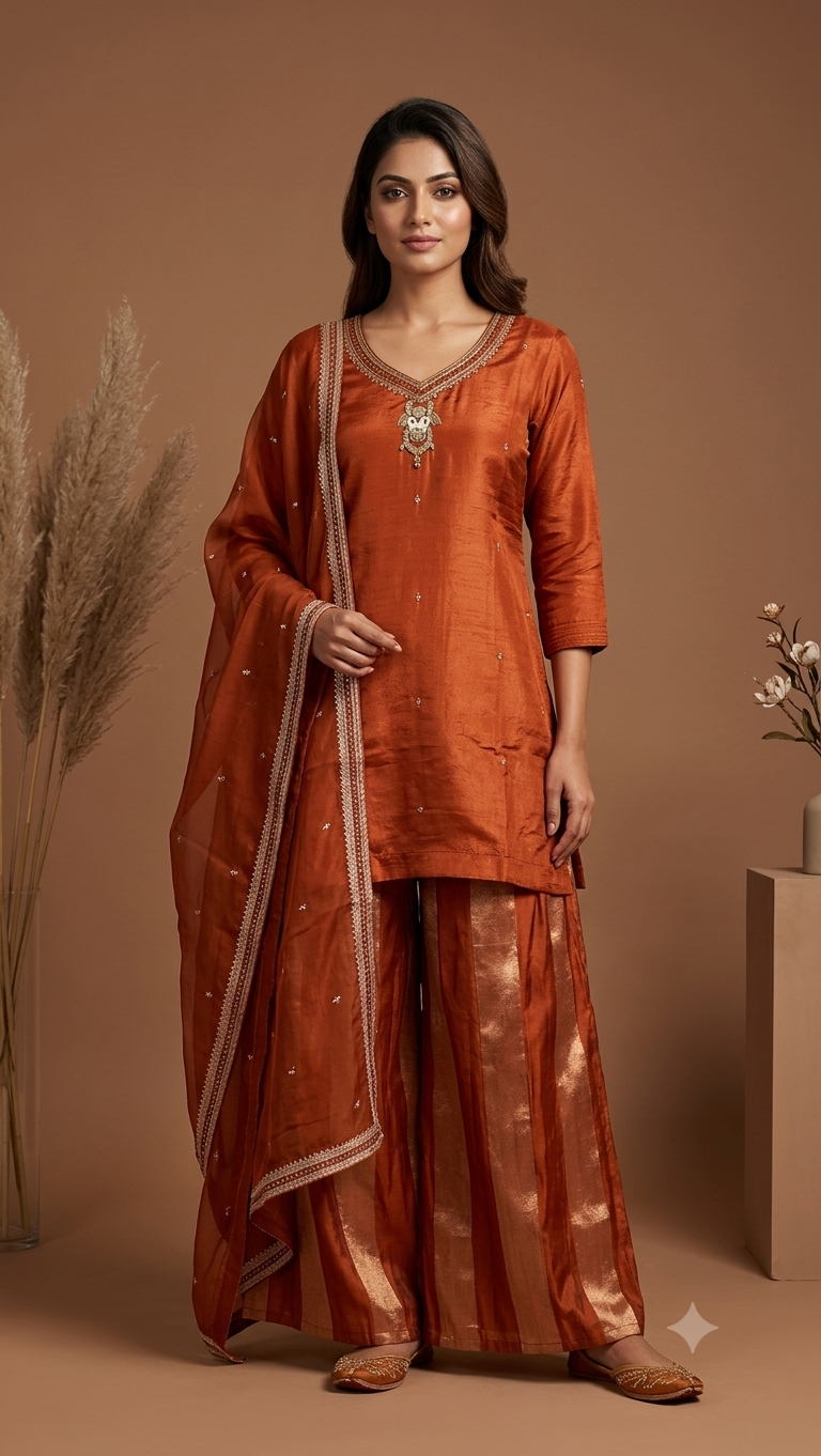 Women's Rust Embroidered Kurta Sharara Set with Dupatta