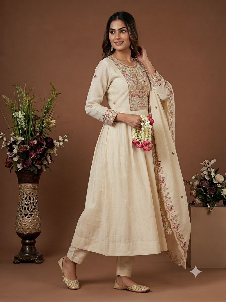 Ivory Floral Embroidered Anarkali Set