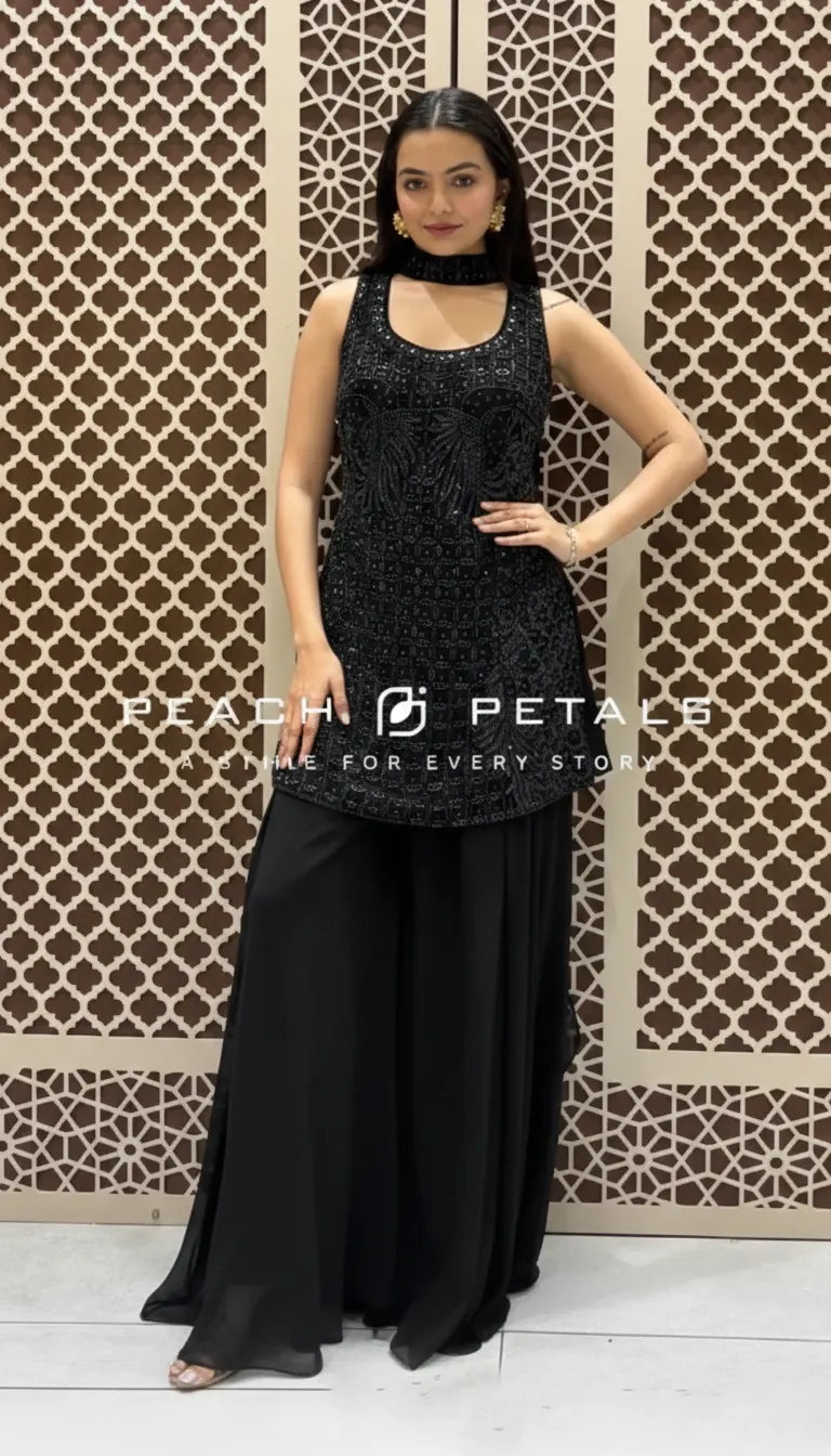 Bottle Green Sequin Embroidered Kurta & Sharara | Peach Petals