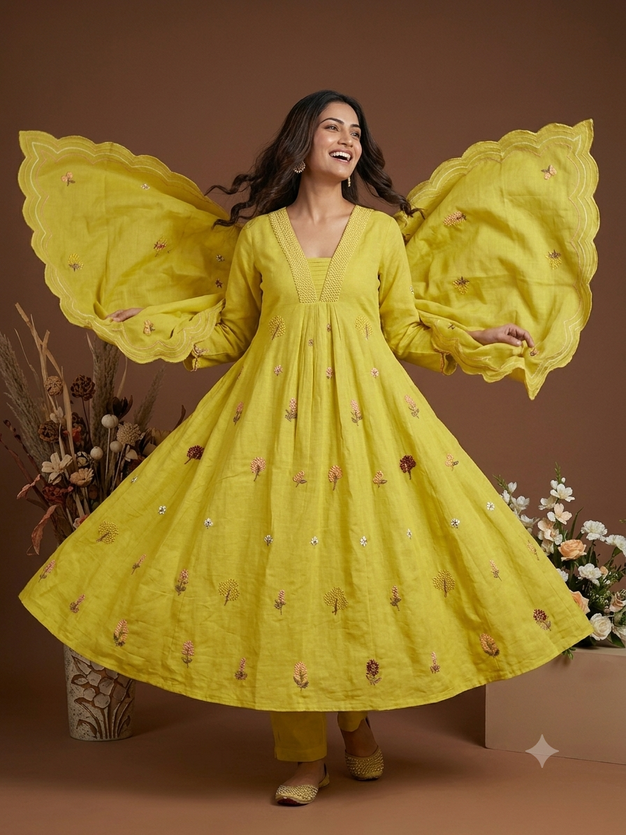 Mustard Yellow Embroidered Anarkali Set