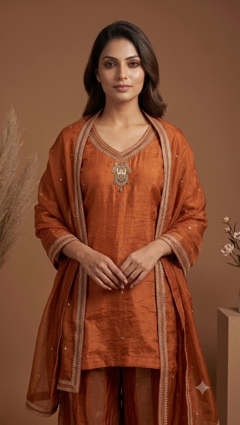 Women's Rust Embroidered Kurta Sharara Set with Dupatta