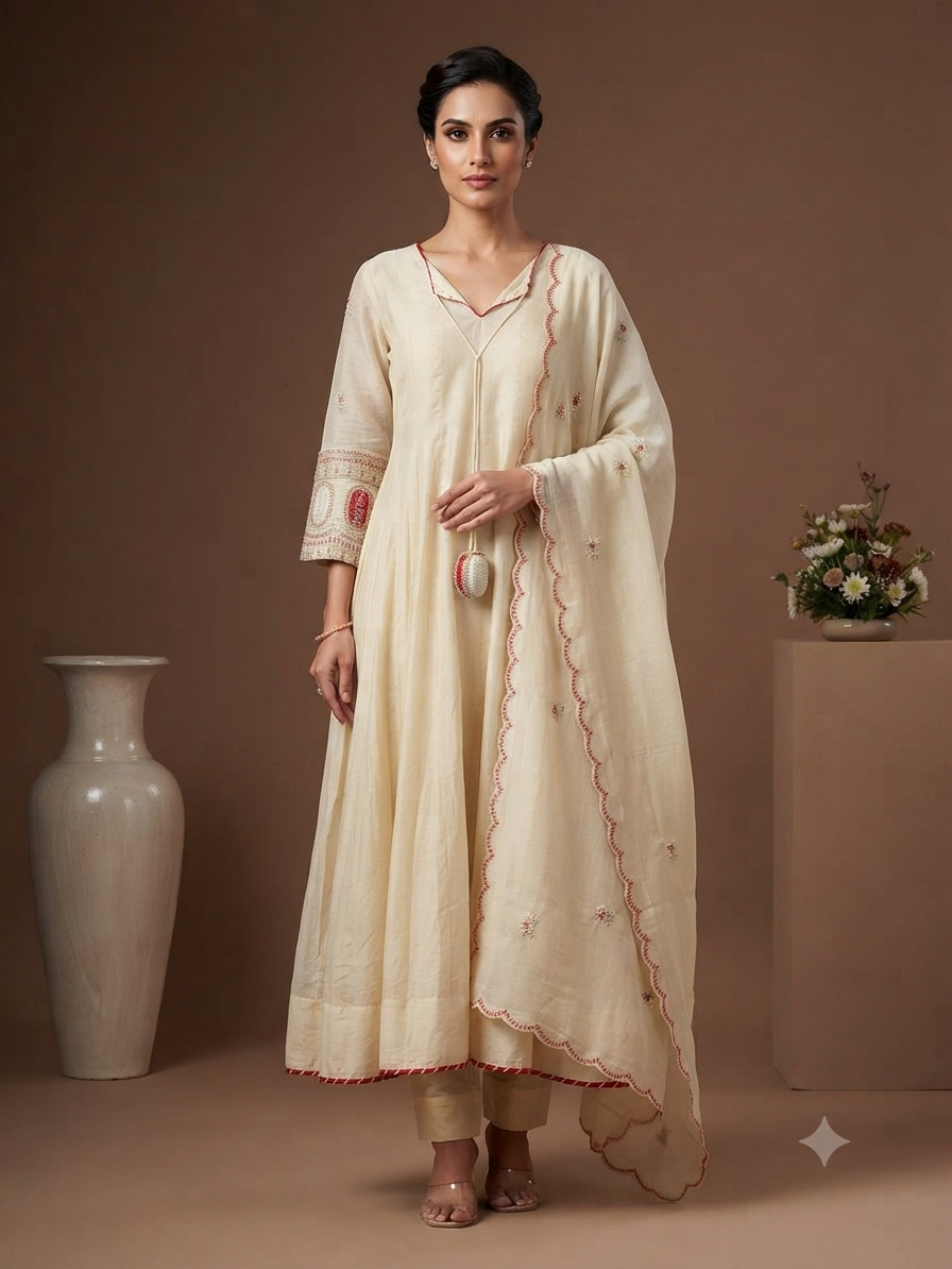 Ivory Embroidered Kurta Set with Dupatta