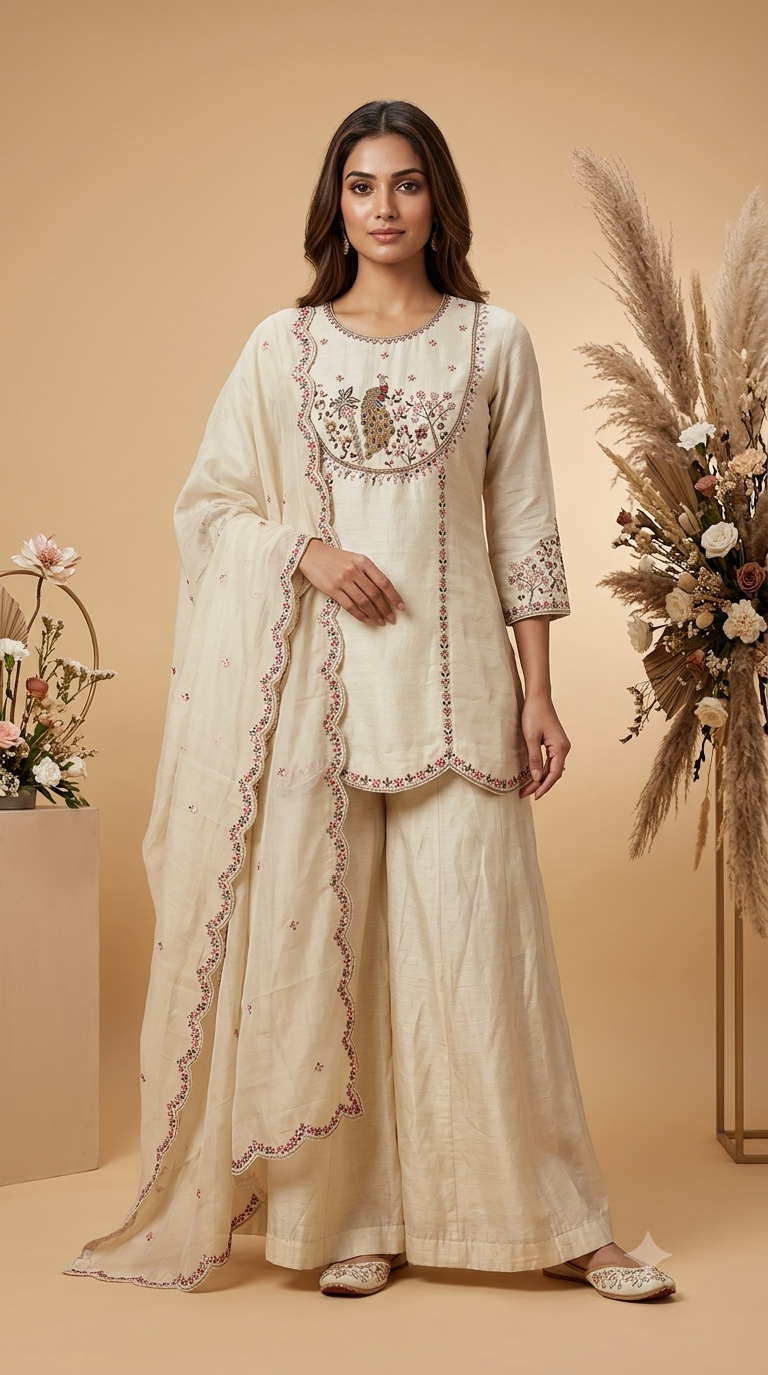 Women's Ivory Embroidered Kurta Palazzo Set with Dupatta