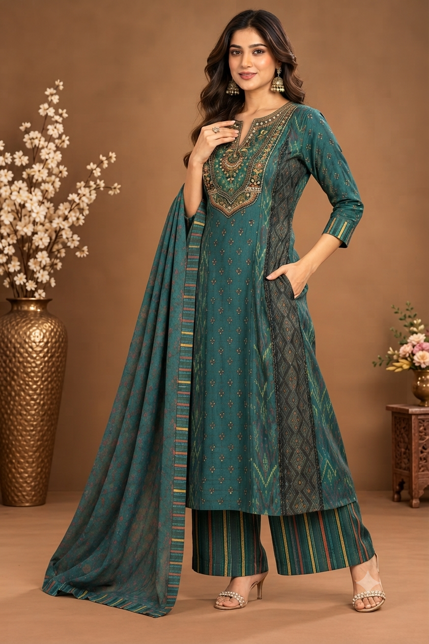 Elegant Teal Printed Palazzo Suit Set