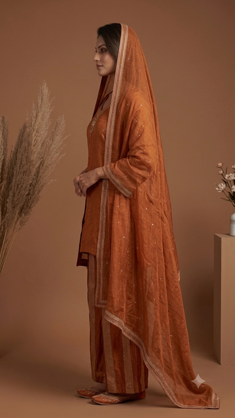 Women's Rust Embroidered Kurta Sharara Set with Dupatta