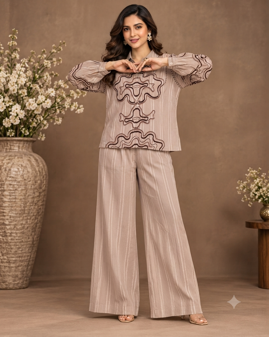 Beige Printed Shirt & Wide-Leg Pant Co-Ord Set