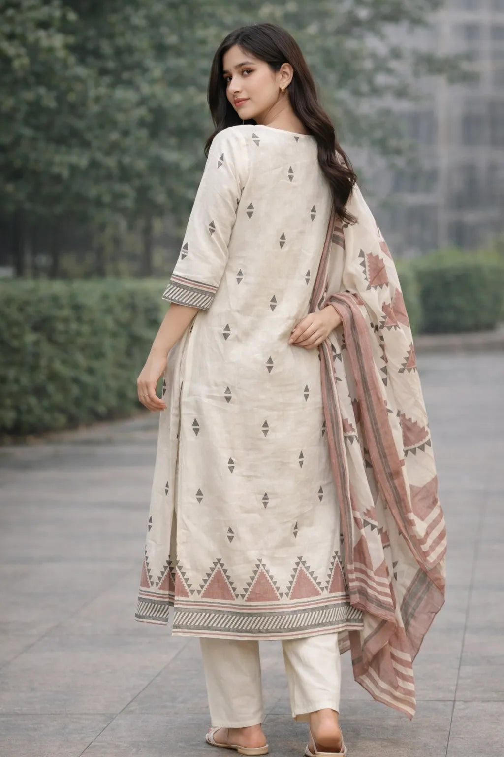 Woman wearing a traditional outfit with a patterned dupatta outdoors.