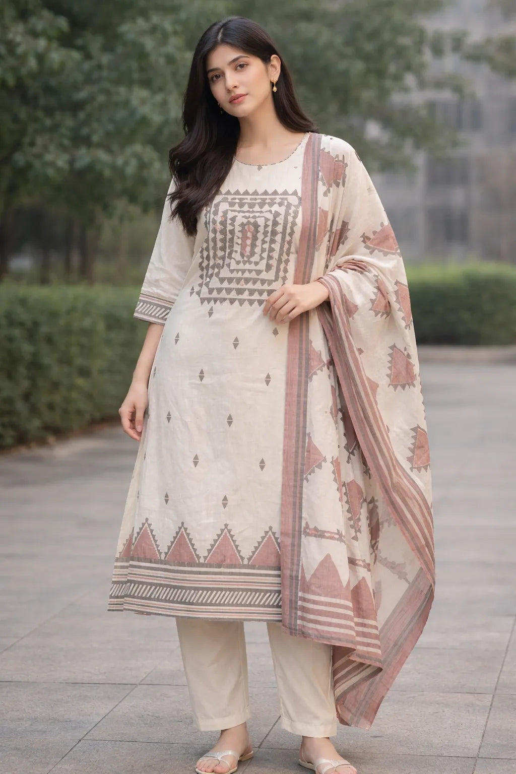 Woman wearing a traditional outfit with a patterned dupatta outdoors.