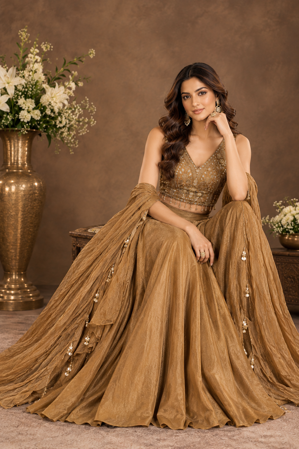 Elegant Bronze Gold Embellished Palazzo Suit Set