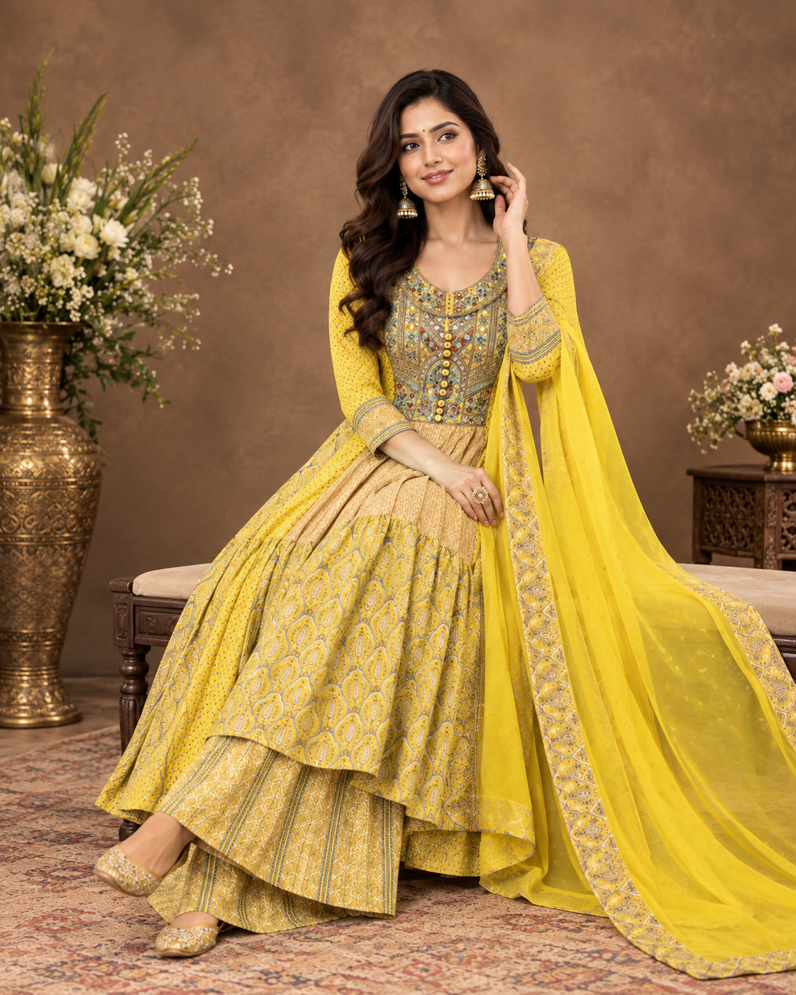 Yellow Printed Anarkali Kurta Set with Dupatta