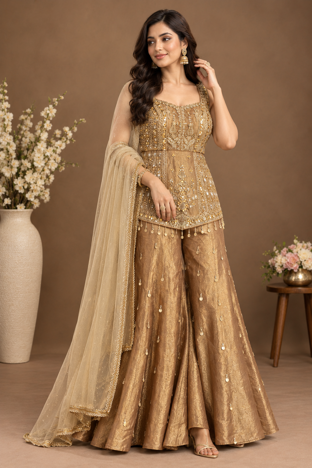 Elegant Olive Green Embellished Palazzo Suit Set