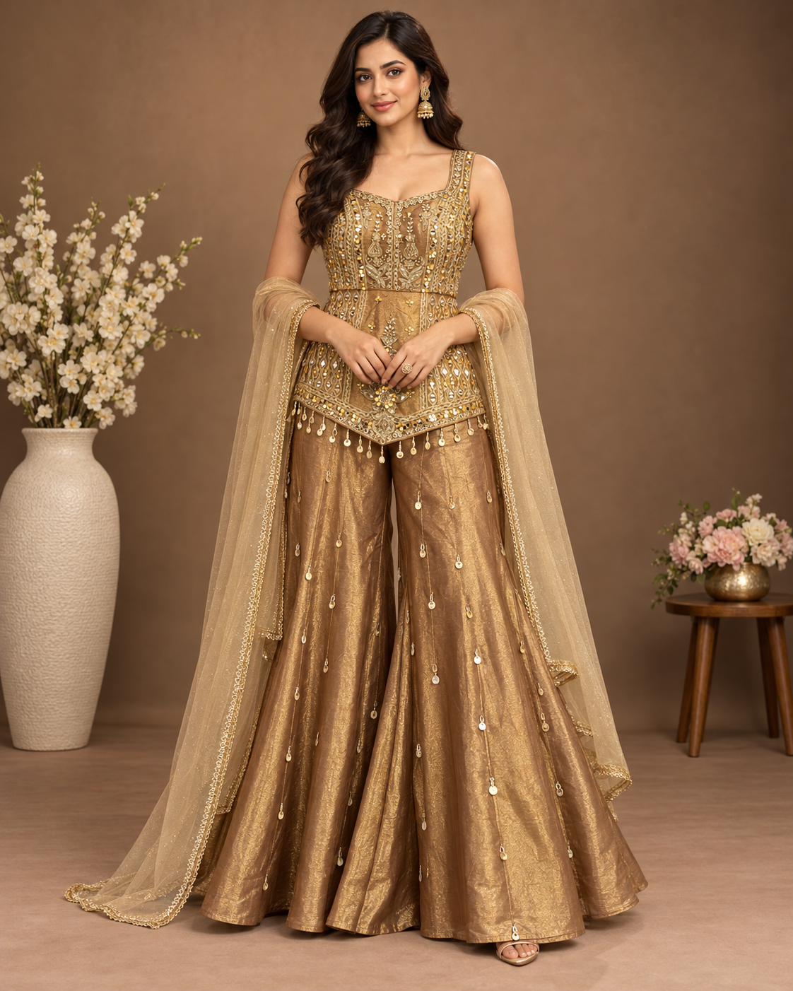 Elegant Olive Green Embellished Palazzo Suit Set