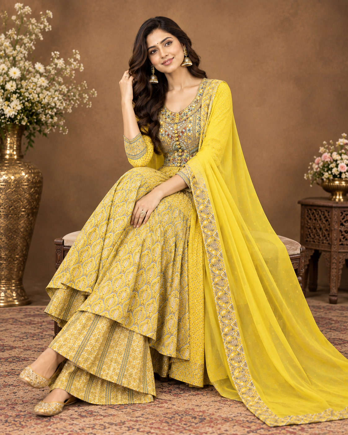 Yellow Printed Anarkali Kurta Set with Dupatta