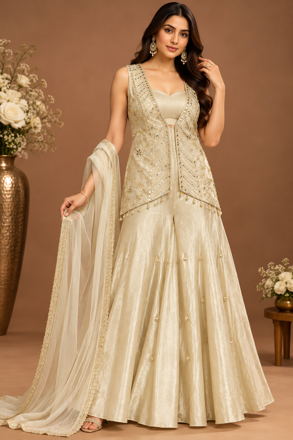 Elegant Sage Green Embellished Palazzo Suit Set