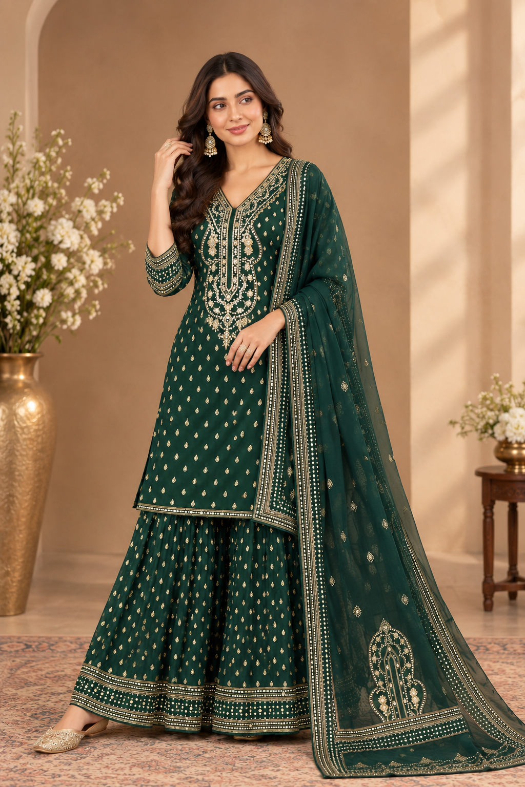 Elegant Embroidered Sharara Suit Set with Dupatta