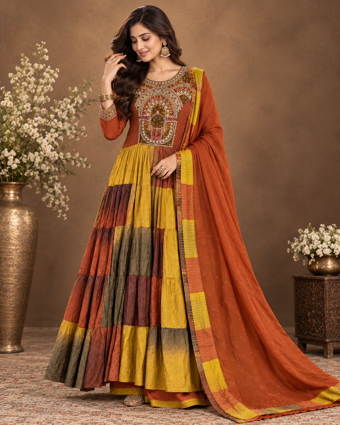 Elegant Rust & Mustard Tiered Anarkali Set